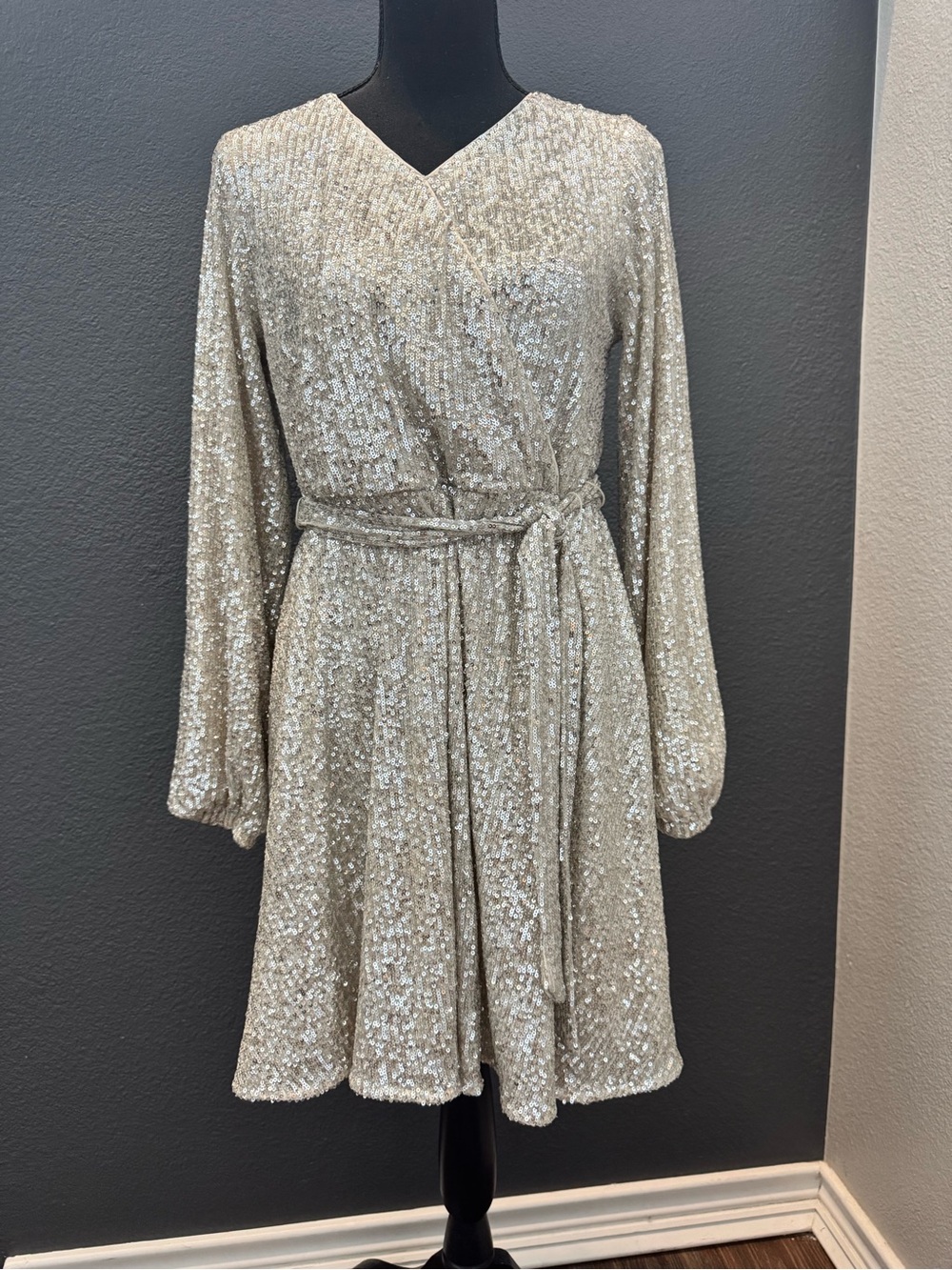 GB girls Silver Sequin Wrap Dress with Tie Waist